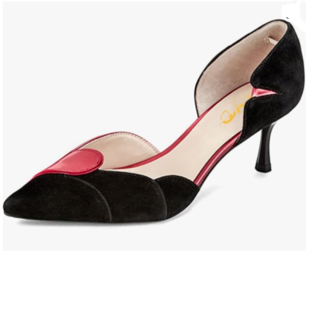 XYD Black/Red Pointed Toe D'Orsay Kitten Heel Rhinestone Studs Slip-On Pumps